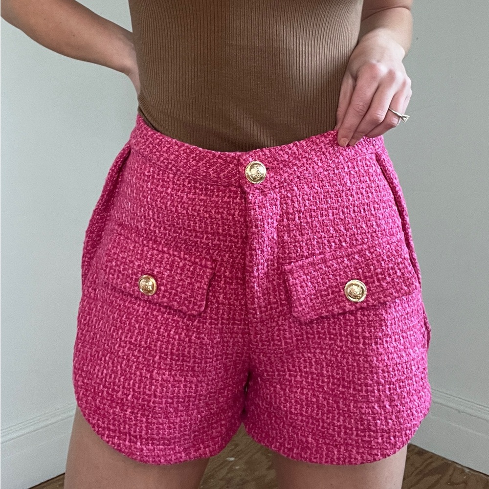Buddy Love Fuchsia Tweed High Waist Shorts